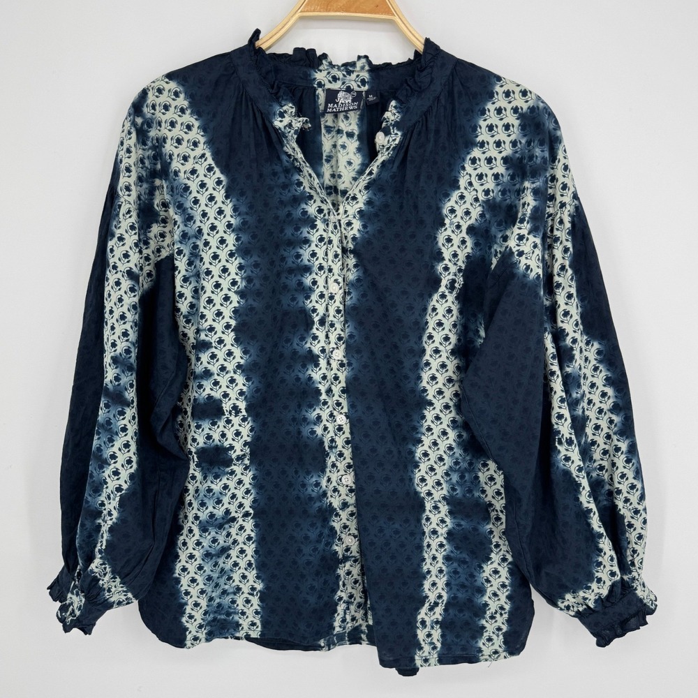 Madison Mathews Tie Dye Button Front Top Medium Navy Blue Boho Coastal Cotton - Picture 2 of 9
